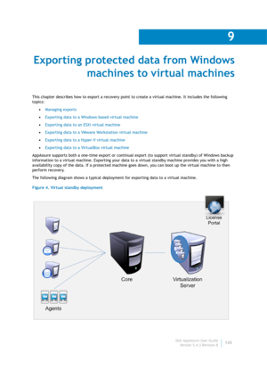 Page 147Dell AppAssure User Guide
Version 5.4.3 Revision B
9
145
Exporting protected data from Windows 
machines to virtual machines
This chapter describes how to export a recovery point to create a virtual machine. It includes the following 
topics:
•Managing exports
•Exporting data to a Windows-based virtual machine
•Exporting data to an ESXi virtual machine
•Exporting data to a VMware Workstation virtual machine
•Exporting data to a Hyper-V virtual machine
•Exporting data to a VirtualBox virtual machine...