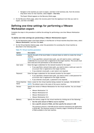 Page 153Dell AppAssure User Guide
Version 5.4.3 Revision B151 •Navigate to the machine you want to export, and then in the Summary tab, from the Actions 
drop-down menu for that machine, select Export > One-time.
The Export Wizard appears on the Recovery Points page.
2 On the Recovery Points page, select the recovery point from the AppAssure Core that you want to 
export, and then click Next.
Defining one-time settings for performing a VMware 
Workstation export
Complete the steps in this procedure to define the...