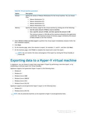 Page 155Dell AppAssure User Guide
Version 5.4.3 Revision B153 4Select Perform initial one-time export to perform the virtual export immediately instead of after the 
next scheduled snapshot.
5Click Next.
6 On the Volumes page, select the volumes to export, for example, C: and D:\, and then click Next.
7On the Summary page, click Finish to complete the wizard and to start the export.
Exporting data to a Hyper-V virtual machine
In AppAssure, you can choose to export data using Hyper-V Export by performing a...