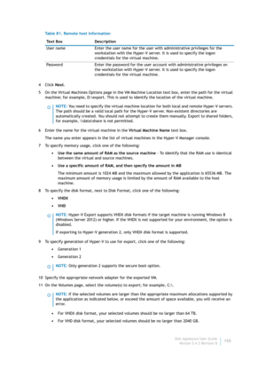 Page 157Dell AppAssure User Guide
Version 5.4.3 Revision B155 4Click Next.
5On the Virtual Machines Options page in the VM Machine Location text box, enter the path for the virtual 
machine; for example, D:\export. This is used to identify the location of the virtual machine.
6 Enter the name for the virtual machine in the Virtual Machine Name text box.
The name you enter appears in the list of virtual machines in the Hyper-V Manager console.
7 To specify memory usage, click one of the following:
• Use the same...