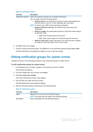 Page 167Dell AppAssure User Guide
Version 5.4.3 Revision B165 6Click OK to save your changes.
7 To edit an existing notification group, click Edit next to the notification group that you want to edit.
The Edit Notification Group dialog box displays for you to edit the settings.
Editing notification groups for system events
Complete the steps in the following procedure to edit notification groups for system events.
To edit notification groups for system events
1 In the AppAssure Core Console, navigate to the...