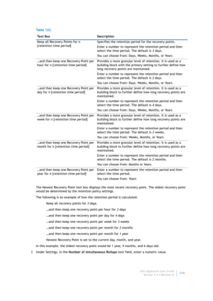 Page 248Dell AppAssure User Guide
Version 5.4.3 Revision B246 The Newest Recovery Point text box displays the most recent recovery point. The oldest recovery point 
would be determined by the retention policy settings.
The following is an example of how the retention period is calculated.
Keep all recovery points for 3 days.
…and then keep one recovery point per hour for 3 days
…and then keep one recovery point per day for 4 days
…and then keep one recovery point per week for 3 weeks
…and then keep one recovery...