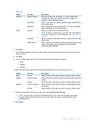 Page 256Dell AppAssure User Guide
Version 5.4.3 Revision B254 6Click Next.
7 On the Machines page of the wizard, select which protected machines contain the recovery points you 
want to archive.
8Click Next.
9 On the Schedule page, select one of the following Send data frequency options: 
•Daily
•Weekl y
•Monthly
10 Enter the information described in the following table based on your selection from Step 9.
11 To pause archiving for resuming at a later time, select Initial pause archiving.
12 Click Finish....