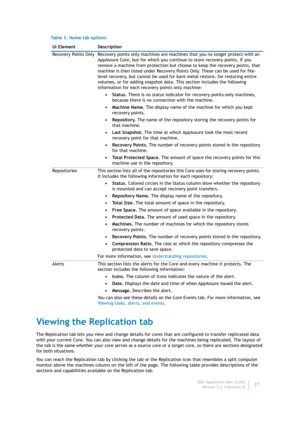 Page 29Dell AppAssure User Guide
Version 5.4.3 Revision B27
Viewing the Replication tab
The Replication tab lets you view and change details for cores that are configured to transfer replicated data 
with your current Core. You can also view and change details for the machines being replicated. The layout of 
the tab is the same whether your core serves as a source core or a target core, so there are sections designated 
for both situations. 
You can reach the Replication tab by clicking the tab or the...