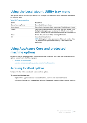 Page 289Dell AppAssure User Guide
Version 5.4.3 Revision B287
Using the Local Mount Utility tray menu
The LMU tray menu is located in your desktop task bar. Right-click the icon to reveal the options described in 
the following table:
Using AppAssure Core and protected 
machine options
By right-clicking the AppAssure Core or a protected machine in the main LMU screen, you can access certain 
options, as described in the following topics:
•Accessing localhost options
•Accessing remote core optionsAccessing...