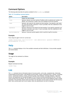 Page 302Dell AppAssure User Guide
Version 5.4.3 Revision B300
Command Options
The following table describes the options available for the ForceRollup command:
Example:
Force rollup for agent 10.10.10.1 on the Core:
>aacmd /forcerollup -core 10.10.10.10 - user administrator -password 23WE@#$sdd -
protectedserver 10.10.10.1
Help
The Help command displays a list of the available commands and their definitions. It also provides copyright 
and version details.
Usage
The usage for the command is as follows:
/help...