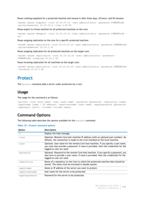 Page 307Dell AppAssure User Guide
Version 5.4.3 Revision B305 Pause creating snapshots for a protected machine and resume it after three days, 20 hours, and 50 minutes:
>aacmd /pause snapshot -core 10.10.10.10 -user administrator -password 23WE@#$sdd 
-protectedserver 10.10.10.4 -time 3-20-50
Pause export to virtual machine for all protected machines on the core:
>aacmd /pause vmexport -core 10.10.10.10 /user administrator -password 23WE@#$sdd –
all
Pause outgoing replication on the core for a specific protected...