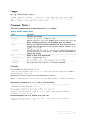 Page 312Dell AppAssure User Guide
Version 5.4.3 Revision B310
Usage
The usage for the command is as follows:
/resume [snapshot | vmexport | replication] -core [host name] -user [user name] 
-password [password] -all | -protectedserver [name | IP address] -incoming [host 
name] | outgoing [host name] -time [time string]
Command Options
The following table describes the options available for the Resume command:
Examples:
Resume snapshots for specific protected server:
>aacmd /resume snapshot -core 10.10.10.10...