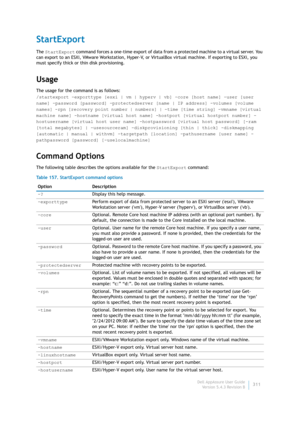 Page 313Dell AppAssure User Guide
Version 5.4.3 Revision B311
StartExport
The StartExport command forces a one-time export of data from a protected machine to a virtual server. You 
can export to an ESXi, VMware Workstation, Hyper-V, or VirtualBox virtual machine. If exporting to ESXi, you 
must specify thick or thin disk provisioning.
Usage
The usage for the command is as follows:
/startexport -exporttype [esxi | vm | hyperv | vb] -core [host name] -user [user 
name] -password [password] -protectedserver [name...