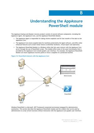 Page 317Dell AppAssure User Guide
Version 5.4.3 Revision B
B
315
Understanding the AppAssure 
PowerShell module
The AppAssure backup and disaster recovery product consists of several software components, including the 
AppAssure Agent, the AppAssure Core, and the AppAssure PowerShell Module.
•The AppAssure Agent is responsible for taking volume snapshots and for fast transfer of the data to the 
AppAssure Core.
•The AppAssure Core stores snapshot data for machines protected by the Agent software, and offers...