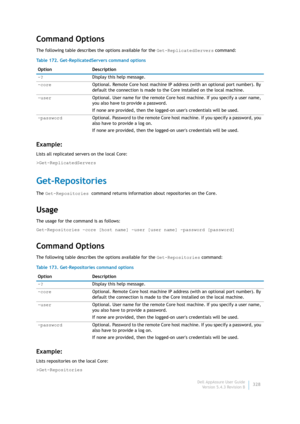 Page 330Dell AppAssure User Guide
Version 5.4.3 Revision B328
Command Options
The following table describes the options available for the Get-ReplicatedServers command:
Example:
Lists all replicated servers on the local Core:
>Get-ReplicatedServers
Get-Repositories
The Get-Repositories command returns information about repositories on the Core.
Usage
The usage for the command is as follows:
Get-Repositories -core [host name] -user [user name] -password [password]
Command Options
The following table describes the...