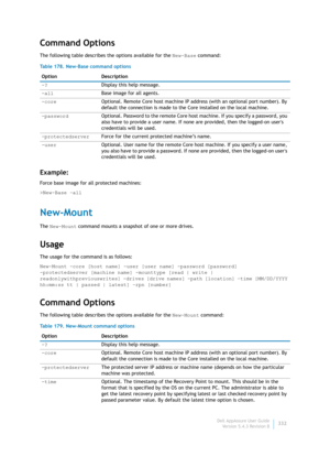 Page 334Dell AppAssure User Guide
Version 5.4.3 Revision B332
Command Options
The following table describes the options available for the New-Base command:
Example:
Force base image for all protected machines:
>New-Base –all
New-Mount
The New-Mount command mounts a snapshot of one or more drives.
Usage
The usage for the command is as follows:
New-Mount -core [host name] -user [user name] -password [password] 
-protectedserver [machine name] -mounttype [read | write | 
readonlywithpreviouswrites] -drives [drive...