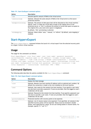 Page 346Dell AppAssure User Guide
Version 5.4.3 Revision B344
Start-HypervExport
The Start-HypervExport command initiates the launch of a virtual export from the selected recovery point 
to a Hyper-V server virtual machine.
Usage
The usage for the command is as follows:
Start-HypervExport -core [host name] -user [user name] -password [password] 
-protectedserver [[machine name] or [IP address]] -volumes [volume names] -rpn 
[number | numbers] | -time [time string] [-vmname [uselocalmachine] | -hostname 
[virtual...