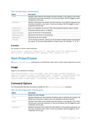 Page 350Dell AppAssure User Guide
Version 5.4.3 Revision B348
Example:
Put volumes of a server under protection:
>Start-Protect -repository Repository 1 -agentname 10.10.9.120 -agentusername 
administrator -agentpassword 12345 -agentport 5002 -volumes c: d:
Start-ProtectCluster
The Start-ProtectCluster command lets an administrator add a server cluster under protection by a Core.
Usage
Usage for the command is as follows:
Start-ProtectCluster -core [host name] -user [user name] -password [password] -
repository...