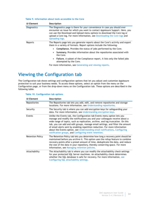 Page 36Dell AppAssure User Guide
Version 5.4.3 Revision B34
Viewing the Configuration tab
The Configuration tab shows settings and configuration options that let you adjust and customize AppAssure 
protection to suit your business needs. To access these options, select an option from the menu on the 
Configuration page, or from the drop-down menu on the Configuration tab. These options are described in the 
following table.Diagnostics The Diagnostics page is there for your convenience in case you should ever...