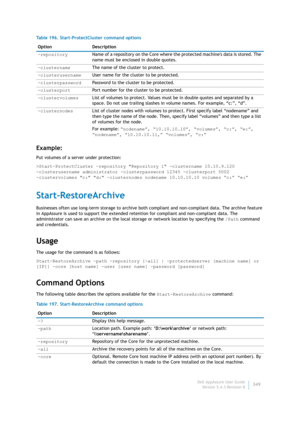 Page 351Dell AppAssure User Guide
Version 5.4.3 Revision B349
Example:
Put volumes of a server under protection:
>Start-ProtectCluster -repository Repository 1 -clustername 10.10.9.120 
-clusterusername administrator -clusterpassword 12345 -clusterport 5002 
-clustervolumes c: d: -clusternodes nodename 10.10.10.10 volumes “c:” “e:”
Start-RestoreArchive
Businesses often use long-term storage to archive both compliant and non-compliant data. The archive feature 
in AppAssure is used to support the extended...