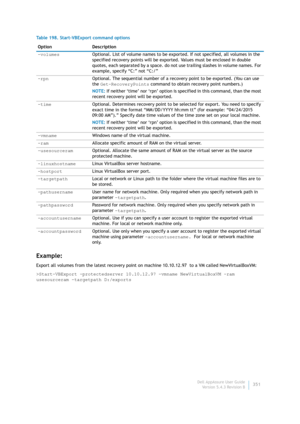 Page 353Dell AppAssure User Guide
Version 5.4.3 Revision B351
Example:
Export all volumes from the latest recovery point on machine 10.10.12.97 to a VM called NewVirtualBoxVM:
>Start-VBExport -protectedserver 10.10.12.97 -vmname NewVirtualBoxVM -ram 
usesourceram -targetpath D:/exports -volumesOptional. List of volume names to be exported. If not specified, all volumes in the 
specified recovery points will be exported. Values must be enclosed in double 
quotes, each separated by a space. do not use trailing...