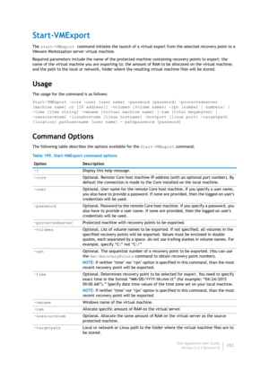 Page 354Dell AppAssure User Guide
Version 5.4.3 Revision B352
Start-VMExport
The start-VMExport command initiates the launch of a virtual export from the selected recovery point to a 
VMware Workstaation server virtual machine.
Required parameters include the name of the protected machine containing recovery points to export; the 
name of the virtual machine you are exporting to; the amount of RAM to be allocated on the virtual machine; 
and the path to the local or network, folder where the resulting virtual...