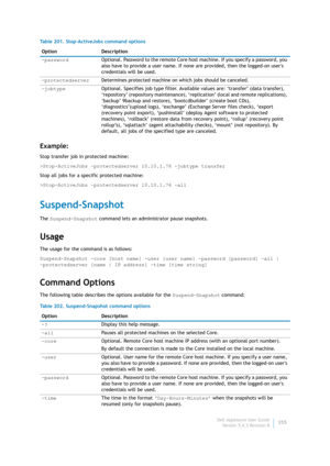 Page 357Dell AppAssure User Guide
Version 5.4.3 Revision B355
Example:
Stop transfer job in protected machine:
>Stop-ActiveJobs –protectedserver 10.10.1.76 -jobtype transfer
Stop all jobs for a specific protected machine:
>Stop-ActiveJobs –protectedserver 10.10.1.76 -all 
Suspend-Snapshot
The Suspend-Snapshot command lets an administrator pause snapshots.
Usage
The usage for the command is as follows:
Suspend-Snapshot -core [host name] -user [user name] -password [password] -all | 
-protectedserver [name | IP...