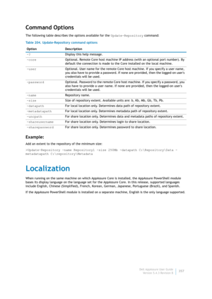 Page 359Dell AppAssure User Guide
Version 5.4.3 Revision B357
Command Options
The following table describes the options available for the Update-Repository command:
Example:
Add an extent to the repository of the minimum size:
>Update-Repository -name Repository1 -size 250Mb -datapath C:\Repository\Data -
metadatapath C:
epository\Metadata 
Localization
When running on the same machine on which AppAssure Core is installed, the AppAssure PowerShell module 
bases its display language on the language set for the...
