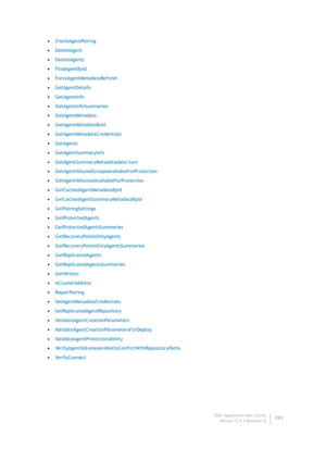 Page 394Dell AppAssure User Guide
Version 5.4.3 Revision B392 •CheckAgentPairing
•DeleteAgent
•DeleteAgents
•FindAgentById
•ForceAgentMetadataRefresh
•GetAgentDetails
•GetAgentInfo
•GetAgentInfoSummaries
•GetAgentMetadata
•GetAgentMetadataById
•GetAgentMetadataCredentials
•GetAgents
•GetAgentSummaryInfo
•GetAgentSummaryMetadatadata/sum
•GetAgentVolumeGroupsAvailableForProtection
•GetAgentVolumesAvailableForProtection
•GetCachedAgentMetadataById
•GetCachedAgentSummaryMetadataById
•GetPairingSettings...