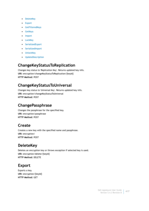 Page 419Dell AppAssure User Guide
Version 5.4.3 Revision B417 •DeleteKey
•Export
•GetFilteredKeys
•GetKeys
•Import
•LockKey
•SerializedExport
•SerializedImport
•UnlockKey
•UpdateDescription
ChangeKeyStatusToReplication
Changes key status to Replication Key. Returns updated key info.
URI: encryption/changeKeyStatusToReplication/{keyId}
HTTP Method: POST
ChangeKeyStatusToUniversal
Changes key status to Universal Key. Returns updated key info.
URI: encryption/changeKeyStatusToUniversal
HTTP Method: POST...