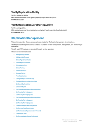 Page 462Dell AppAssure User Guide
Version 5.4.3 Revision B460
VerifyReplicationAbility
Verifies replication ability.
URI: replicationcomms/slave/agents/{agentId}/replication/verifyStart
HTTP Method: GET
VerifyReplicationCorePairingAbility
Verifies pairing ability.
URI: replicationcomms/slave/replication/verifyStart/?useCredentials={useCredentials}
HTTP Method: POST
IReplicationManagement
This section describes the service operations available for IReplicationManagement at replication/. 
The...