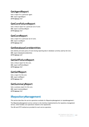 Page 470Dell AppAssure User Guide
Version 5.4.3 Revision B468
GetAgentReport
Gets a report for a particular agent
URI: report/agentReport
HTTP Method: PUT
GetCoreFailureReport
Gets a failure report for a particular set of cores
URI: report/coreFailureReport
HTTP Method: PUT
GetCoreReport
Gets a report for a particular set of cores.
URI: report/coreReport
HTTP Method: PUT
GetDatabaseCoreIdentities
Gets identity (id-name pairs) of Cores having reporting data in database currently used by the Core.
URI:...