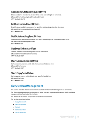 Page 480Dell AppAssure User Guide
Version 5.4.3 Revision B478
AbandonOutstandingSeedDrive
Deletes seed drive from the list of seed drives which are waiting to be consumed.
URI: seedDrive/outstandingSeedDrives/{seedDriveId}
HTTP Method: DELETE
GetConsumedSeedDrives
Gets info about seed drives consumed by specified replicated agent on the slave core.
URI: seedDrive/consumedSeedDrives/{agentId}
HTTP Method: GET
GetOutstandingSeedDrives
Gets outstanding seed drives on master core which are waiting to be consumed on...