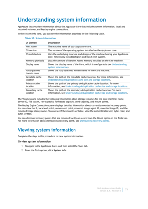 Page 73Dell AppAssure User Guide
Version 5.4.3 Revision B71
Understanding system information
AppAssure lets you view information about the AppAssure Core that includes system information, local and 
mounted volumes, and Replay engine connections.
In the System Info pane, you can see the information described in the following table.
The Volumes pane includes the following information about storage volumes for the Core machine: Name, 
device ID, file system, raw capacity, formatted capacity, used capacity, and...