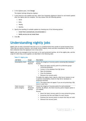 Page 75Dell AppAssure User Guide
Version 5.4.3 Revision B73 2 In the Updates pane, click Change.
The Update Settings dialog box displays.
3 In the Check for new updates text box, select how frequently AppAssure checks for and installs updates 
after the nightly jobs are complete. You may choose from the following options:
•Never
•Daily
•Weekl y
•Monthly
4 Specify the handling of available updates by choosing one of the following options:
• Install them automatically (recommended) or
• Notify me but do not...