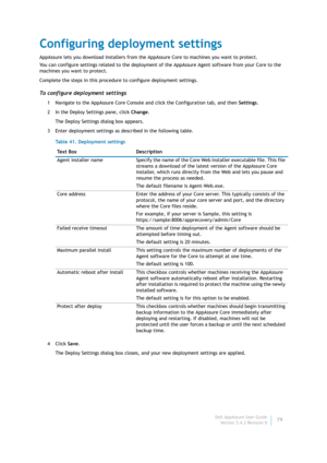 Page 81Dell AppAssure User Guide
Version 5.4.3 Revision B79
Configuring deployment settings
AppAssure lets you download installers from the AppAssure Core to machines you want to protect. 
You can configure settings related to the deployment of the AppAssure Agent software from your Core to the 
machines you want to protect.
Complete the steps in this procedure to configure deployment settings.
To configure deployment settings
1 Navigate to the AppAssure Core Console and click the Configuration tab, and then...