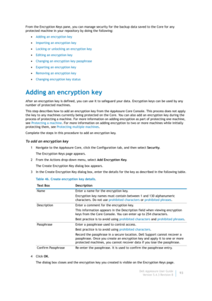 Page 95Dell AppAssure User Guide
Version 5.4.3 Revision B93 From the Encryption Keys pane, you can manage security for the backup data saved to the Core for any 
protected machine in your repository by doing the following:
•Adding an encryption key
•Importing an encryption key
•Locking or unlocking an encryption key
•Editing an encryption key
•Changing an encryption key passphrase
•Exporting an encryption key
•Removing an encryption key
•Changing encryption key status
Adding an encryption key
After an...