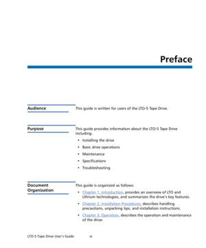 Page 11LTO-5 Tape Drive User’s Guide                xi
Preface
AudienceThis guide is written for users of the LTO-5 Tape Drive.
PurposeThis guide provides information about the LTO-5 Tape Drive 
including:
• Installing the drive
• Basic drive operations
• Maintenance
•Specifications
• Troubleshooting
Document 
Organization
This guide is organized as follows:
•Chapter 1, Introduction
, provides an overview of LTO and 
Ultrium technologies, and summarizes the drive’s key features.
•Chapter 2, Installation...