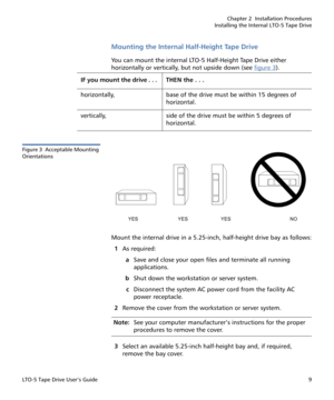 Page 23Chapter 2  Installation Procedures
Installing the Internal LTO-5 Tape Drive
LTO-5 Tape Drive User’s Guide9
Mounting the Internal Half-Height Tape Drive
You can mount the internal LTO-5 Half-Height Tape Drive either 
horizontally or vertically, but not upside down (see figure 3
). 
Figure 3  Acceptable Mounting 
Orientations
Mount the internal drive in a 5.25-inch, half-height drive bay as follows:
1As required:
aSave and close your open files and terminate all running 
applications.
bShut down the...