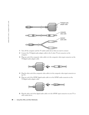 Page 4444Using CDs, DVDs, and Other Multimedia
www.dell.com | support.dell.com
1Turn off the computer and the TV and/or audio device that you want to connect.
2Connect the TV/digital audio adapter cable to the S-video TV-out connector on the 
computer.
3Plug one end of the composite video cable in to the composite video-input connector on the 
TV/digital audio adapter cable.
4Plug the other end of the composite video cable in to the composite video-input connector on 
the TV.
5Plug one end of the S/PDIF digital...