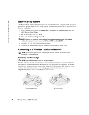 Page 5656Setting Up a Home and Office Network
www.dell.com | support.dell.com
Network Setup Wizard
The Microsoft® Windows® XP operating system provides a Network Setup Wizard to guide you 
through the process of sharing files, printers, or an Internet connection between computers in a 
home or small office.
1
Click the Start button, point to All Programs→ Accessories→ Communications, and then 
click 
Network Setup Wizard.
2On the welcome screen, click Next.
3Click Checklist for creating a network.
 NOTE:...