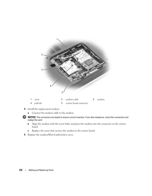 Page 122122Adding and Replacing Parts
4Install the replacement modem:
aConnect the modem cable to the modem.
 NOTICE: The connectors are keyed to ensure correct insertion. If you feel resistance, check the connectors and 
realign the card. 
b
Align the modem with the screw holes and press the modem into the connector on the system 
board.
cReplace the screw that secures the modem to the system board.
5Replace the modem/Mini-Card/wireless cover.
1screw2modem cable3modem
4pull-tab5system board connector
4
5
1
2
3 