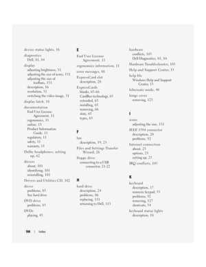 Page 184184Index
184Index
device status lights, 16
diagnostics
Dell, 81, 84
display
adjusting brightness, 3 1
adjusting the size of icons, 1 3 1
adjusting the size of 
toolbars, 131
description, 1 6
resolution, 3 1
switching the video image, 3 1
display latch, 18
documentation
End User License 
Agreement, 1 1
ergonomics, 1 1
online, 1 3
Product Information 
Guide, 1 1
regulatory, 1 1
safety, 1 1
warranty, 1 1
Dolby headphones, setting 
up, 62
drivers
about, 101
identifying, 1 0 1
reinstalling, 1 0 1
Drivers and...