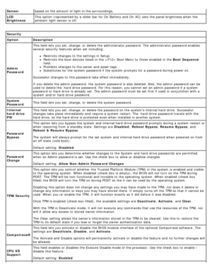 Page 21Sensorbased on the amount  of light  in the surroundings.
LCD
BrightnessThis option (represented by a  slider bar for On  Battery  and  On  AC)  sets  the panel brightness when  the
ambient  light  sensor is off.
Security
Option Description
Admin
Password This field lets you set, change, or delete the administrator password.  The  administrator password enables
several  security features when  set  including:
Restricts  changes to  the settings in Setup.
Restricts  the boot devices listed  in the  Boot...