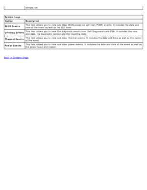 Page 24already set.
  
System Logs
Option Description
BIOS Events This field allows  you to  view  and  clear  BIOS power-on self-test (POST)  events.  It includes the date and
time of the event as well as the LED code.
DellDiag Events This filed allows  you to  view  the diagnostic results  from  Dell Diagnostics and  PSA.  It includes the time
and  date, the diagnostic version and  the resulting code.
Thermal Events This field allows  you to  view  and  clear  thermal events.  It includes the date and  time...