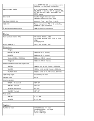 Page 9one  eSATA/USB 2.0-compliant connector
two USB  3.0-compliant connectors
Memory card  reader 8-in-1 memory card  reader  supporting
SD, SDIO,  Hi -density SD, Hi -capacity SD,
XD, MS, MS -Pro,  MMC, Mini -MMC, and
MMC+ cards
Mini  Card two full-height mini card  slots
two half -height mini-card  slots
CardBus/PCMCIA  slot supports  Type  I  and  Type  II  cards
IEEE 1394 Texas  Instruments PCI 8412 controller,
powered 6-pin  connector
E-family docking connector 144-pin  docking connector
Display  
Type...