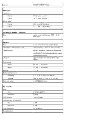 Page 10LayoutQWERTY/AZERTY/Kanji
Touchpad 
Resolution: X  axis 57.52 units per mm
Y  axis 78.12 units per mm
Active Area: X  axis 80.0  mm  (3.14 inches)
Y  axis 47.11 mm  (1.85 inches)
Fingerprint  Reader (Optional)
Type swipe fingerprint  sensor,  FIPS 140-2 /
FIPS 201
Battery  
Type 9-cell smart lithium ion  (90 W/hr)
Charge time with computer  off approximately  1 hour to  80%  capacity
Operating time battery operating  time varies  depending
on operating  conditions  and  can  be
significantly reduced...