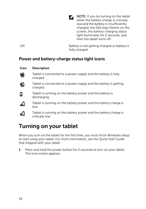 Page 10NOTE: If you try turning on the tablet 
when the battery charge is critically 
low and the battery is insufficiently 
charged, the Dell logo flashes on the 
screen, the battery-charging status 
light illuminates for 2 seconds, and 
then the tablet turns off.OffBattery is not getting charged or battery is 
fully charged.
Power and battery-charge status light icons
IconDescriptionTablet is connected to a power supply and the battery is fully 
charged.Tablet is connected to a power supply and the battery is...
