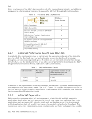 Page 10Dell 
DELL PERC H700 and H800 Technical Guide   10 
Other new features of the 6Gb/s SAS controllers will offer improved signal integrity and additional 
safeguards to enhance data protection with support for SED (Self-Encrypting Drive) technology. 
Table 2. 6Gb/s SAS (SAS 2.0) Features 
 DAS-based  
Server Storage 
6Gb/s Throughput  
3Gb/s Compatible  
Standard Mini-SAS Connectors (SFF-8087 
and SFF-8088) 
 
DFE (Decision Feedback Equalization) 
improved signaling 
 
SSC (Spread Spectrum Clocking)...