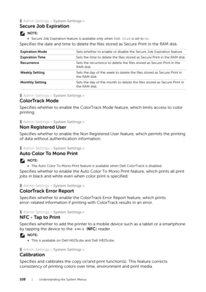 Page 108108| Understanding the System Menus
❚Admin Settings > System Settings >
Secure Job Expiration
NOTE:
•Secure Job Expiration featur e is available only when RAM Disk is set to On.
Specifies the date and time to delete the files stored as Secure Print in the RAM disk.
❚Admin Settings >  System Settings >
ColorTrack Mode
Specifies whether to enable the ColorTrack Mode feature, which limits access to color 
printing.
❚Admin Settings > System Settings >
Non Registered User
Specifies whether to enable the Non...