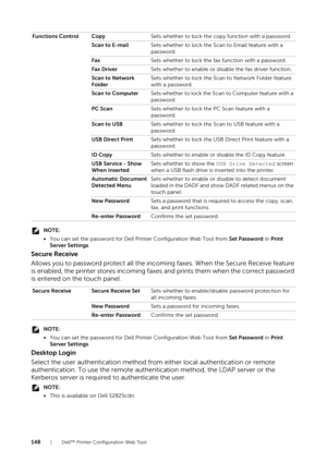 Page 148148| Dell™ Printer Configuration Web Tool
NOTE:
•You can set the password for Dell Printer Configuration Web Tool from  Set Password in Print 
Server Settings .
Secure Receive
Allows you to password protect all the incomi ng faxes. When the Secure Receive feature 
is enabled, the printer stores incoming faxes and prints them when the correct password 
is entered on the touch panel.
NOTE:
• You can set the password for Dell Printer Configuration Web Tool from  Set Password in Print 
Server Settings ....