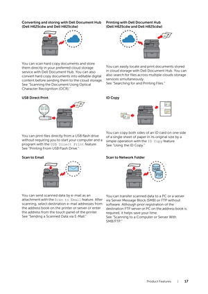 Page 17Product Features |17
Converting and storing with Dell Document Hub
(Dell H625cdw and Dell H825cdw)
You can scan hard copy documents and store 
them directly in your preferred cloud storage 
service with Dell Document Hub. You can also 
convert hard copy documents into editable digital 
content before sending them to the cloud storage.
See "Scanning the Document Using Optical 
Character Recognition (OCR)."
Printing with Dell Document Hub
(Dell H625cdw and Dell H825cdw)
You can easily locate and...