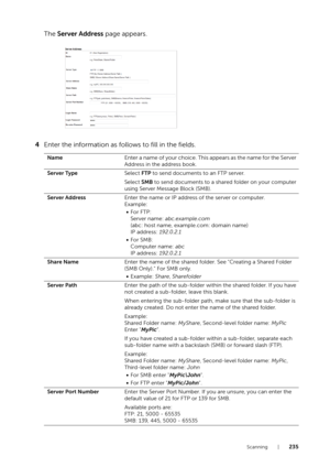 Page 235Scanning |235
The Server Address  page appears.
4 Enter the information as follows to fill in the fields.
Name Enter a name of your choice. This appears as the name for the Server 
Address in the address book.
Server Type Select FTP to send documents to an FTP server.
Select  SMB to send documents to a shared folder on your computer 
using Server Message Block (SMB).
Server Address Enter the name or IP address of the server or computer.
Example:
• For FTP:
Server name: abc.example.com
(abc: host name,...