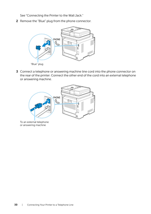 Page 3030| Connecting Your Printer to a Telephone Line
See "Connecting the Printer to the Wall Jack."
2 Remove the "Blue" plug from the phone connector.
3 Connect a telephone or answering machine line cord into the phone connector on 
the rear of the printer. Connect the other end of the cord into an external telephone 
or answering machine.
"Blue" plug
To an external telephone 
or answering machine 